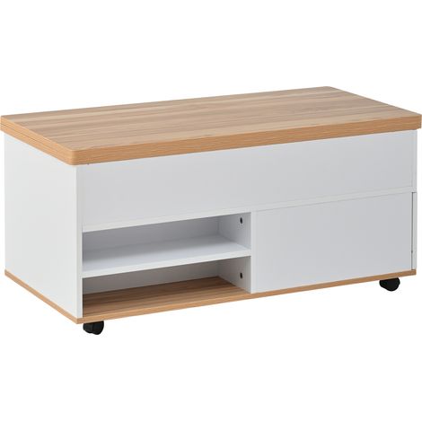 Tavolino elevabile 100 x 98 x 65 cm con contenitore, cassetti e ruote bianco effetto legno (1/5)