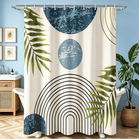 Rideau de douche - 240 x 180 cm - Bleu - Ligne de feuilles - Ourlet lesté - Textile anti-moisissure - Imperméable - Lavable - En polyester - Avec 16 œillets et anneaux de rideau de douche (1/5)