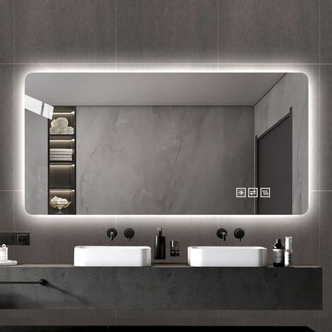Miroir de salle de bain LED 60 x 120cm, dimmable en trois couleurs, rétroéclairé, avec fonction de démération en un seul contact