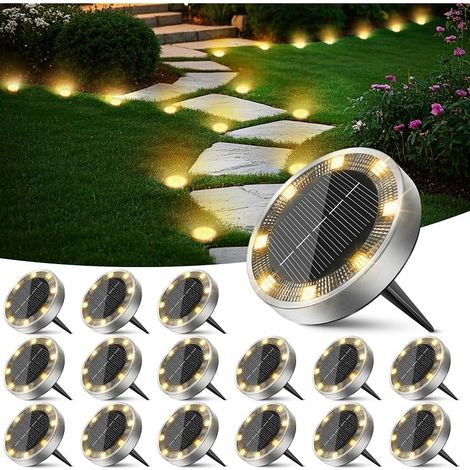 Lampe Solaire Au Sol Jardin Lot de 16, Lumiere Solaire Exterieur 8 LED, Étanche Spot Solaire Extérieur, Eclairage Solar pour Terrasse Allée Chemins Pelouse Cour Outdoor Garden, Blanc Chaud (1/5)