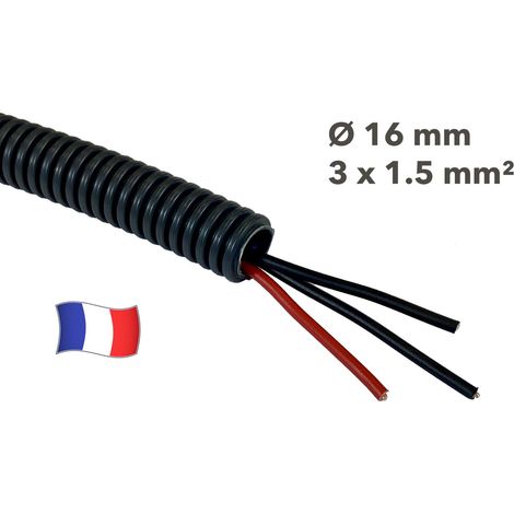 Gaine électrique préfilée 5 mètres diam 16 avec 3 fils Rouge, Noir, Noir 1.5 mm² - PREFA ELEC (1/2)