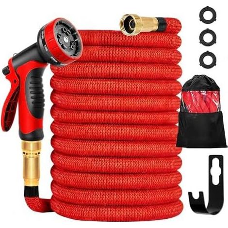 15 m langer, dehnbarer Gartenschlauch mit 10-in-1-Spritzpistole (flexibel und knotenfrei), universellen Messinganschlüssen (1/2" und 3/4") für Garten und Autowäsche, komplett rot (1/5)