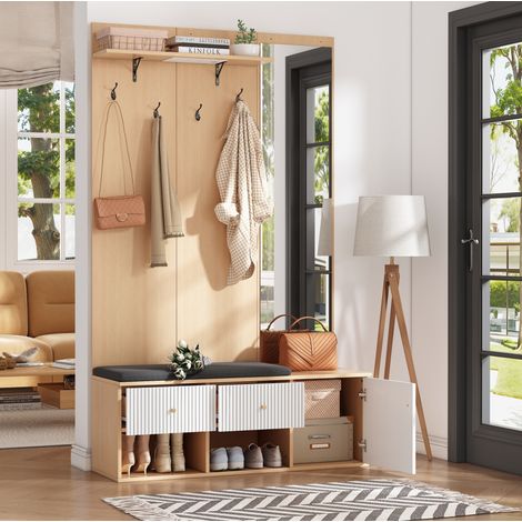 MODFU – Vestiaire entrée 120x40x200 cm MDF – Miroir, banc rembourré et range-chaussures – 4 crochets et charge 80 kg – Entrée – Blanc/chêne (1/5)