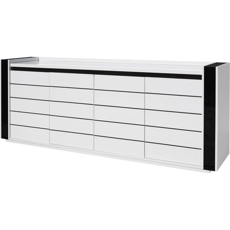 Meublorama – Buffet LINA blanc et noir avec éclairage LED – 220 cm large x 87 cm haut x 50 cm profond – Finitions brillantes modernes (1/3)