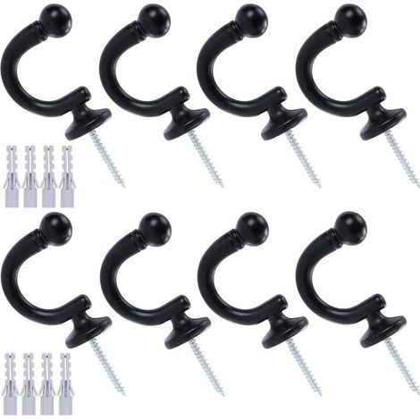 Ensemble de 8 embrasses de rideaux à tête ronde, crochets muraux pour rideaux, embrasses pour vêtements, manteaux, chapeaux, serviettes (noir) (1/5)