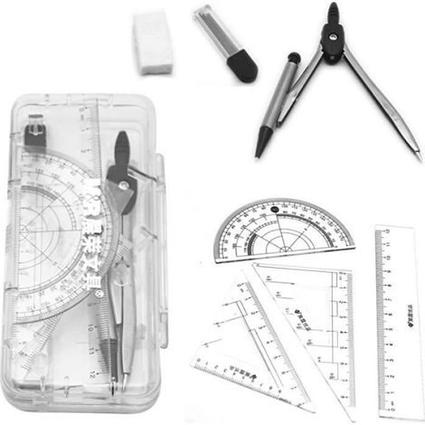 Kit Géométrie - Boussole Métal 12 cm - Triangle 30/60° et 45° - Rapporteur Angulaire - Règle Droite - Gomme - Boîte de Rangement - 7 Pièces (1/5)