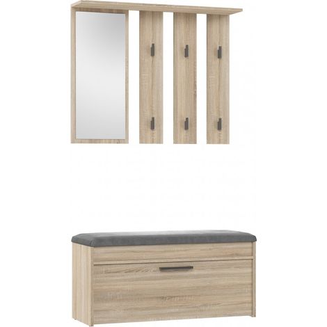 CDF Garderobe Parma Farbe: Eiche Sonoma Großer Spiegel Kleiderbügel Geräumiger Schuhschrank Ideal für Diele, Flur Praktische Ablagen Modernes Design (1/5)