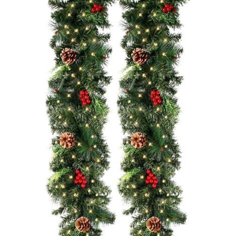 270cm Guirlande Sapin Artificiel Lumineuse Vert avec 50 LEDs,230 Tete,Pomme de pin Fruit Rouge,Couronne Sapin Noël pour décoration Cheminée Porte Escalier (270CM, Guirlande avec LED) (1/5)