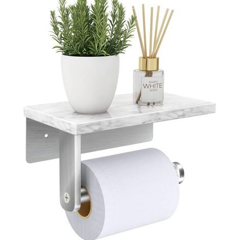 Portarrollos de papel higiénico de mármol natural y níquel cepillado. Se fija a la pared con tornillos. Estante de 17 x 10 cm para objetos. Resistente a la humedad. (1/5)