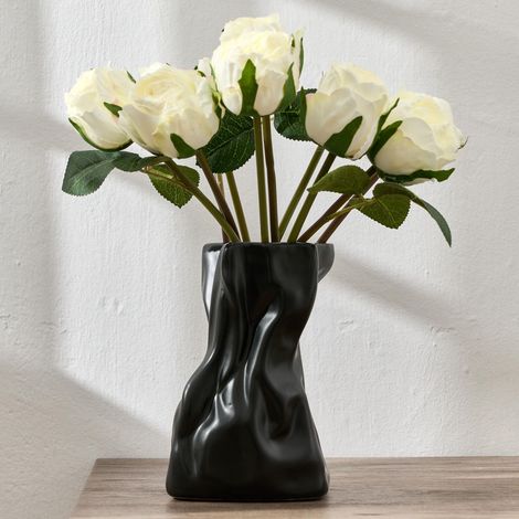 Vase à fleurs en céramique noire, élégant fabriqué à la main, décoration de ferme moderne, simple de style nordique, esthétique pour décoration d'intérieur, salon, bibliothèque, bureau, entrée (1/5)
