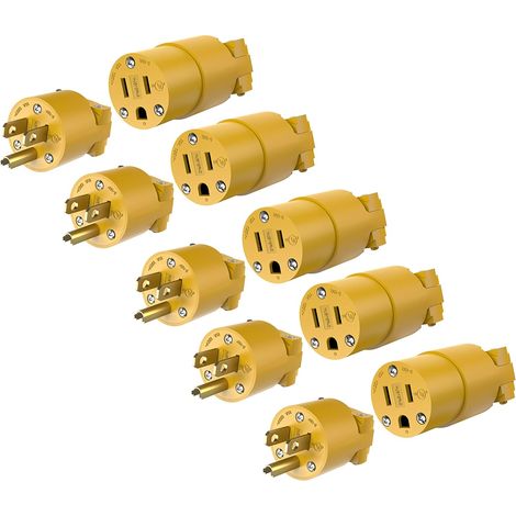 Ensemble de 5 fiches et connecteurs électriques de rechange, 15 A 125 V, fiche à lames droites avec mise à la terre, homologué UL, jaune. (1/4)