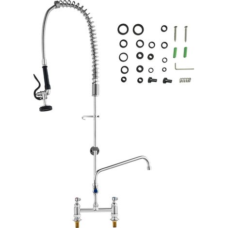 Robinet de cuisine professionnel avec douchette de prérinçage, hauteur 44", entraxe 8", bec pivotant 12", montage sur plan de travail, laiton avec pommeau extractible, pour évier 1/2/3 bassins (1/5)