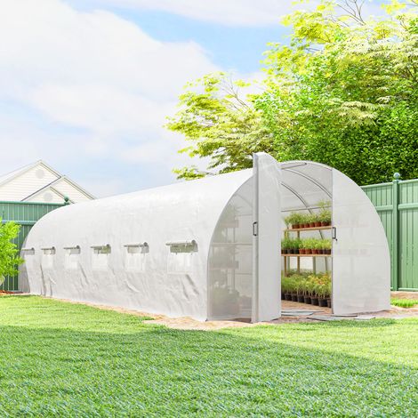 Serre tunnel de jardin 24m², serre de jardin tunnel avec portes et 12 fenêtres avec moustiquaires, 295x798x199cm, blanc