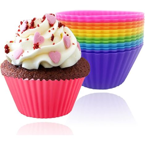 Juego de 12 moldes de silicona para muffins, 6 colores, para pasteles, helados y postres. (1/5)