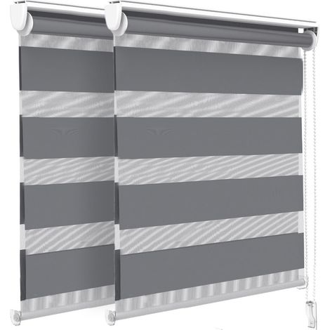VOUNOT Set of 2 Zebra Roller Blind Double Fabric, Day and Night Translucent or Blackout Vision Curtains, Grey, 90 x 150 cm (1/5)