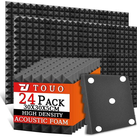 24 Pack Acoustic Foam Panels Pyramid Foam Panels for Walls, High Density Soundproofing Fire Retardant Foam Panels for Studio Walls Ceiling, 30 x 30 x 5 cm (Black) (1/5)