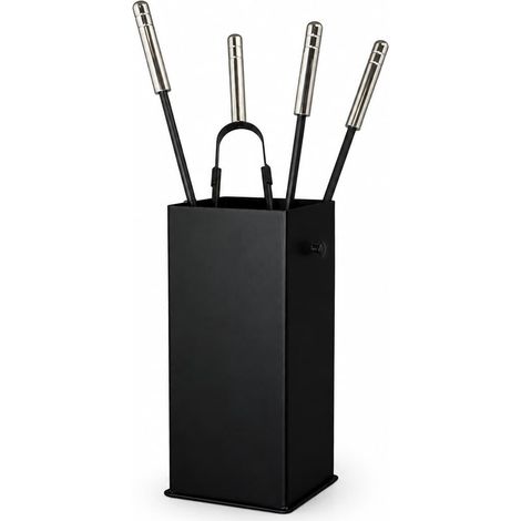 Kaminbesteck robust schwarz pulverbeschichtet - Kaminset Ofenset Chrom glänzend (1/5)