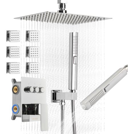 VEVOR Set Doccia con Sistema Doccia a Pioggia, in Acciaio Inox da 254 mm, 6 Getti Laterali, Doccetta, Soffione a Pioggia Girevole, 3 Funzioni, Valvola in Ottone e Kit di Finitura, Cromato