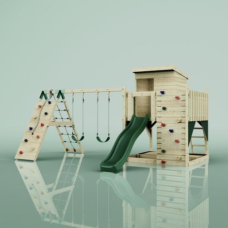 Polarplay – Tour de jeux Frida vert 414 x 468 cm – Balançoire double – Toboggan à vagues – Mur d'escalade – Pour enfants jusqu'à 50 kg