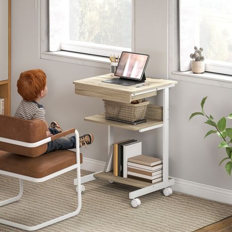 MODFU – Escritorio de ordenador compacto 56x51 cm de paneles y metal con cajón, estantes, 4 ruedas de las cuales 2 bloqueables y para monitor hasta 18 pulgadas – Roble (1/5)
