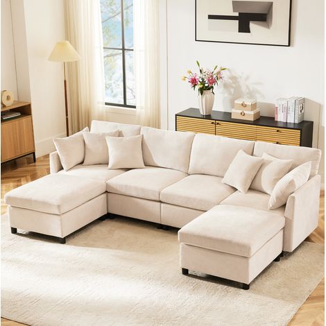 Canapé modulable en chenille beige 278x161x81 cm, avec 2 poufs et 6 coussins, composition en U ou en L (1/5)