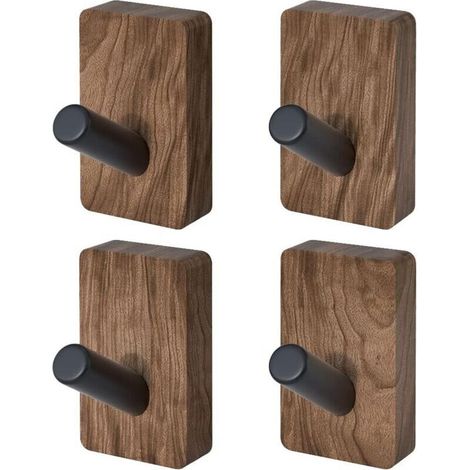 Lot de 4 crochets muraux en bois de noyer noir, crochets d'entrée décoratifs rustiques à montage adhésif et mural, chevilles en bois naturel moderne du milieu du siècle pour suspendre manteau vêtement (1/4)
