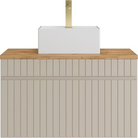 Mobile bagno sospeso scanalato beige con lavabo da appoggio quadrato e rubinetto 80 cm - SATARA (1/4)