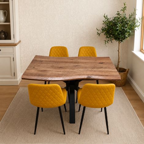 Kosy Koala 4 Seater Rustic Brown Wooden Effect Dining Table with 4 Mustard Faux Leather Chairs