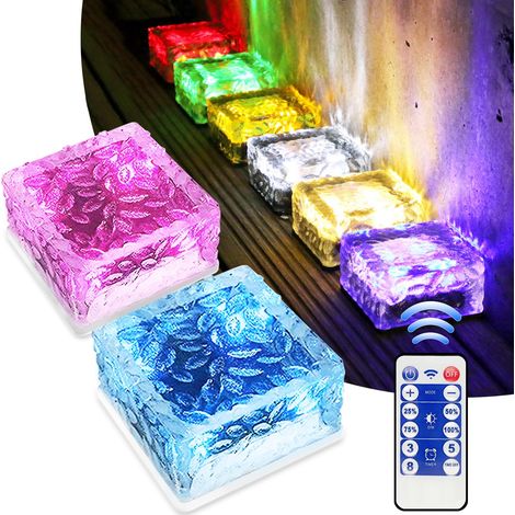 2er-Pack Solar-Pflastersteine mit 12-Tasten-Fernbedienung, 10 x 10 x 5 cm, mehrfarbiges Licht, Lichtsensor, Weglicht, wasserdicht, für Terrasse, Garten, Hof, Weg, Deck [Energieklasse A+++]