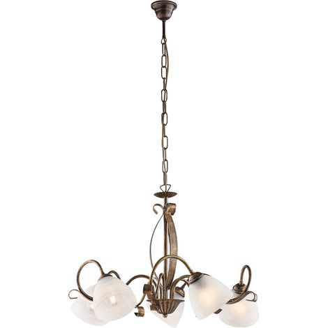 Lampadario Classico Forgiato 5 Luci Ferro Marrone E Oro Vetro Bianco (1/3)