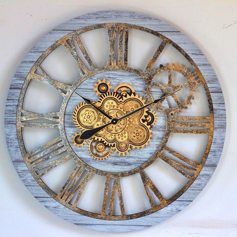 THE GEARS CLOCK Wanduhr mit echten beweglichen Zahnraedern - America Collection - 36" Rund - Silver - Grey (1/4)