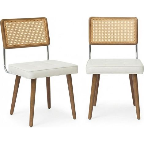 Set 2 chaises manger - dossier rotin naturel beige - assise lin rembourré - cadre bois solide - style milieu siècle - sans accoudoirs - 57×45×80,5 cm