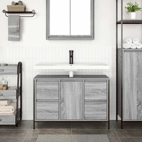 Meuble de Salle de Bain 90 cm avec Tiroirs, Bois Chêne Sonoma Gris, Armoire Vasque Moderne 90x34.5x60 cm (1/5)