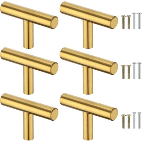 Poignées de meubles, 6 poignées de meuble à un seul trou, boutons de meubles plaqués or, en acier inoxydable, avec vis, convenant aux tiroirs et aux portes de meubles. (1/5)