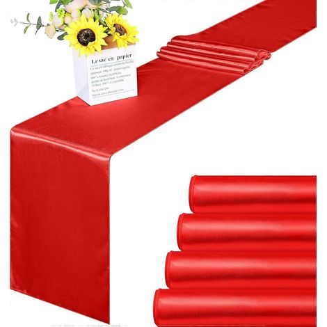 Lot de 4 chemins de table en satin rouge, 30 x 274 cm (12 x 108 pouces), en soie brillante et douce, parfaits pour les mariages, banquets et autres réceptions. (1/5)