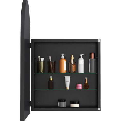 Stylish Arched Mirror Cabinet, Recessed Medicine Cabinet, Wall Cabinet with Metal Framed, Mirror and Adjustable Shelves, Mirror Cabinet with Storage for Bathroom, Living Room and Bedroom, Black (1/5)