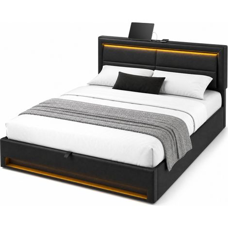 Lit rembourré 140 x 200 cm avec USB, LED 12 couleurs, rangement sous le sommier et charge sans fil, cuir régénéré noir, sans matelas  CHICFURN (1/5)