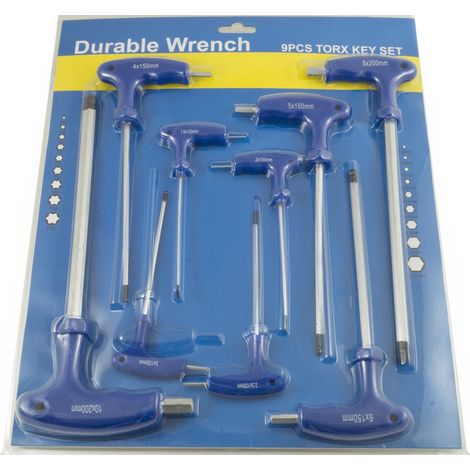Trade Shop - Juego De Llaves Torx Hexagonales De 9 Piezas De Acero Con Punta Esférica Y Mango En L -