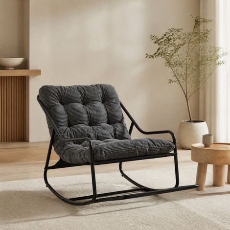 Sedia a dondolo da esterno con cuscino confortevole, struttura nera e cuscino grigio (1/5)