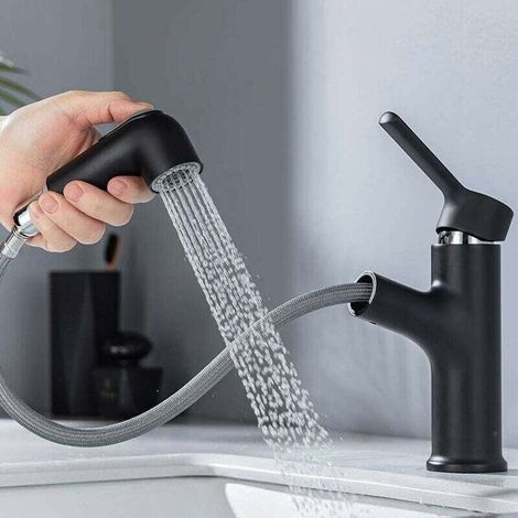 Robinet de Lavabo avec Douchette Extensible, 2 Modes D'écoulement aux Choix, Mitigeur Salle de Bains en 100% Laiton Durable, Robinet Noir pour Vasque, Mousseur Démontable, Vanne en Céramique