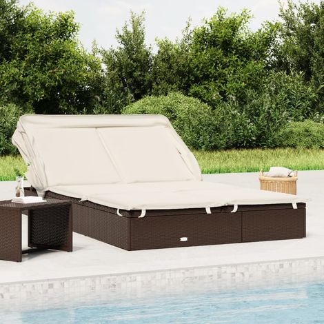 Transats 2 places avec toit pliable, Chaise longue, Bain de soleil marron 213x118x97 cm ZSE5252 (1/5)