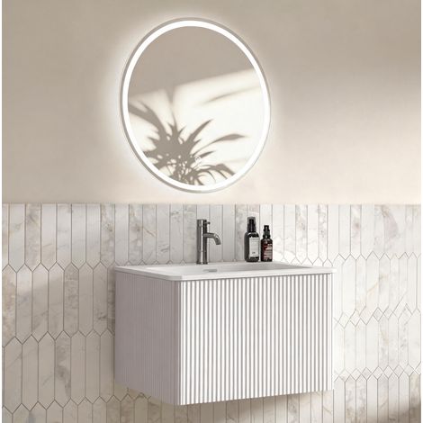 Meuble de salle de bain suspendu avec vasque et miroir LED rond 60 cm, blanc OKMYHOME (1/5)