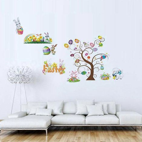 Décoration de Pâques pour fenêtres : sapin, lapin, œuf, autocollant décoratif pour murs et portes, papier peint animalier. (1/4)