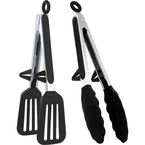 Set aus 2 Silikon-Küchenzangen mit Löffelablage, rutschfestem Edelstahlgriff zum Kochen, Braten, Steakbraten und Servieren (23 cm)