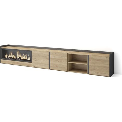 Skraut Home - Mueble TV, Televisión, Muebles de salón, almacenaje, 315x35x50cm, Para TV hasta 80", Chimenea eléctrica XXL, Estilo Moderno, Roble y negro (1/5)