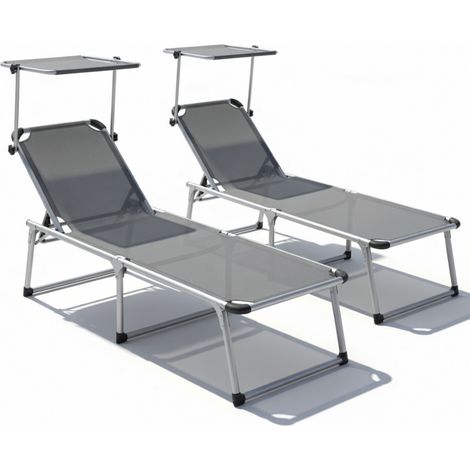 Coppia Sdraio Lettini Pieghevoli Prendisole Parasole Integrato Schienale Reclinabile Regolabile 6 Posizioni Struttura Alluminio Per Spiaggia Mare Giardino Piscina 187 x 59 x 29 Cm Grigio Scuro