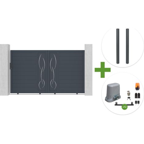 Portail coulissant 3m LIFE H.180cm aluminium gris + 2 poteaux ELDA + motorisation Tanker C600 (1/5)