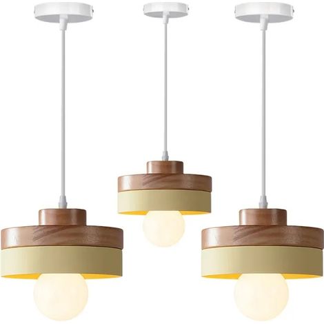 3pcs Lampe Suspension Moderne,18cm Lustre Vintage Industriel E27 Suspension Luminaire Abat-jour en Bois Design Rond,Jaune (1/5)