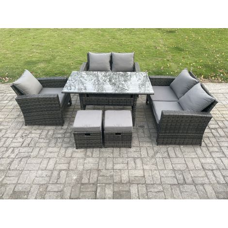 Fimous Wicker Rattan Garden Dining Set Outdoor Furniture Sofa with Dining Table Double Seat Sofa 2 Small Footstools Dark Grey Mixed (1/5)