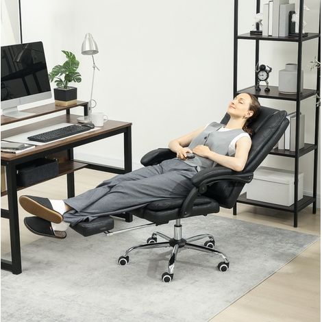 Sedia da ufficio 64x70x110-118 cm nera in poliestere con massaggio, calore, poggiapiedi e schienale reclinabile (1/4)